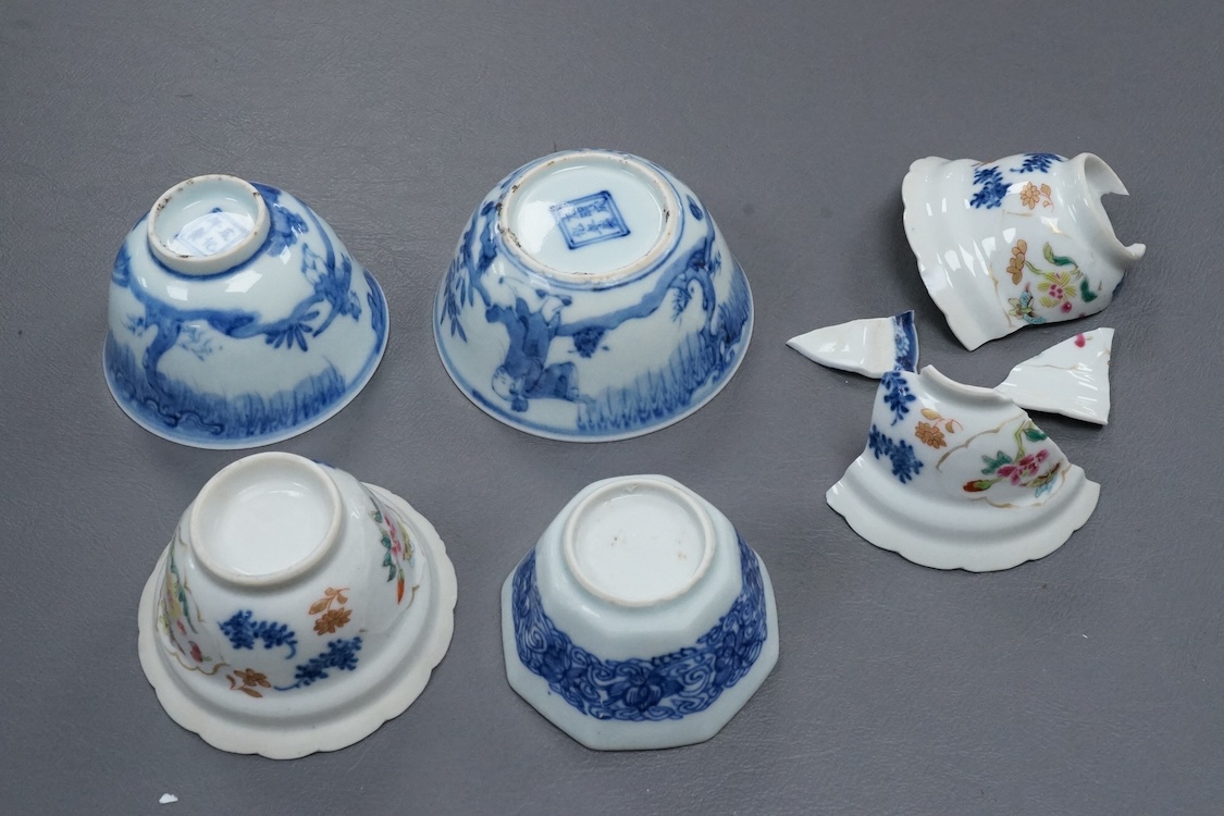 Four Chinese blue and white tea bowls and another (a.f.)